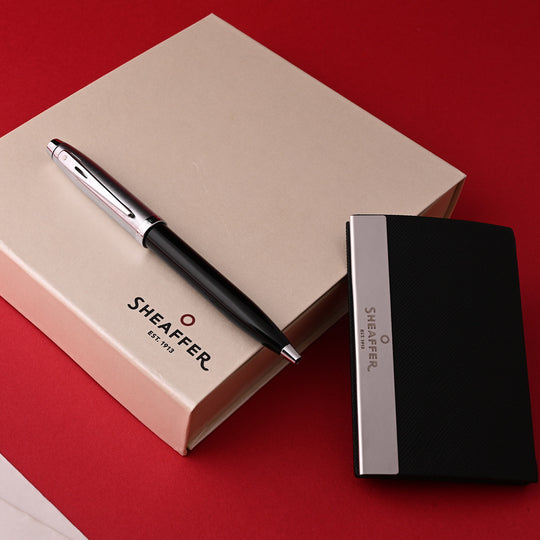 Sheaffer Gift Set - 100 Series Black & Brushed Chrome Ball Pen with Card Holder