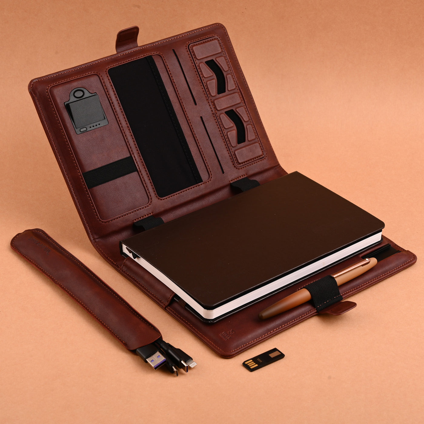 Sheaffer Superbook Organizer with Wireless Charging + 12000 mAh Powerbank and 16GB Pendrive - Brown 10