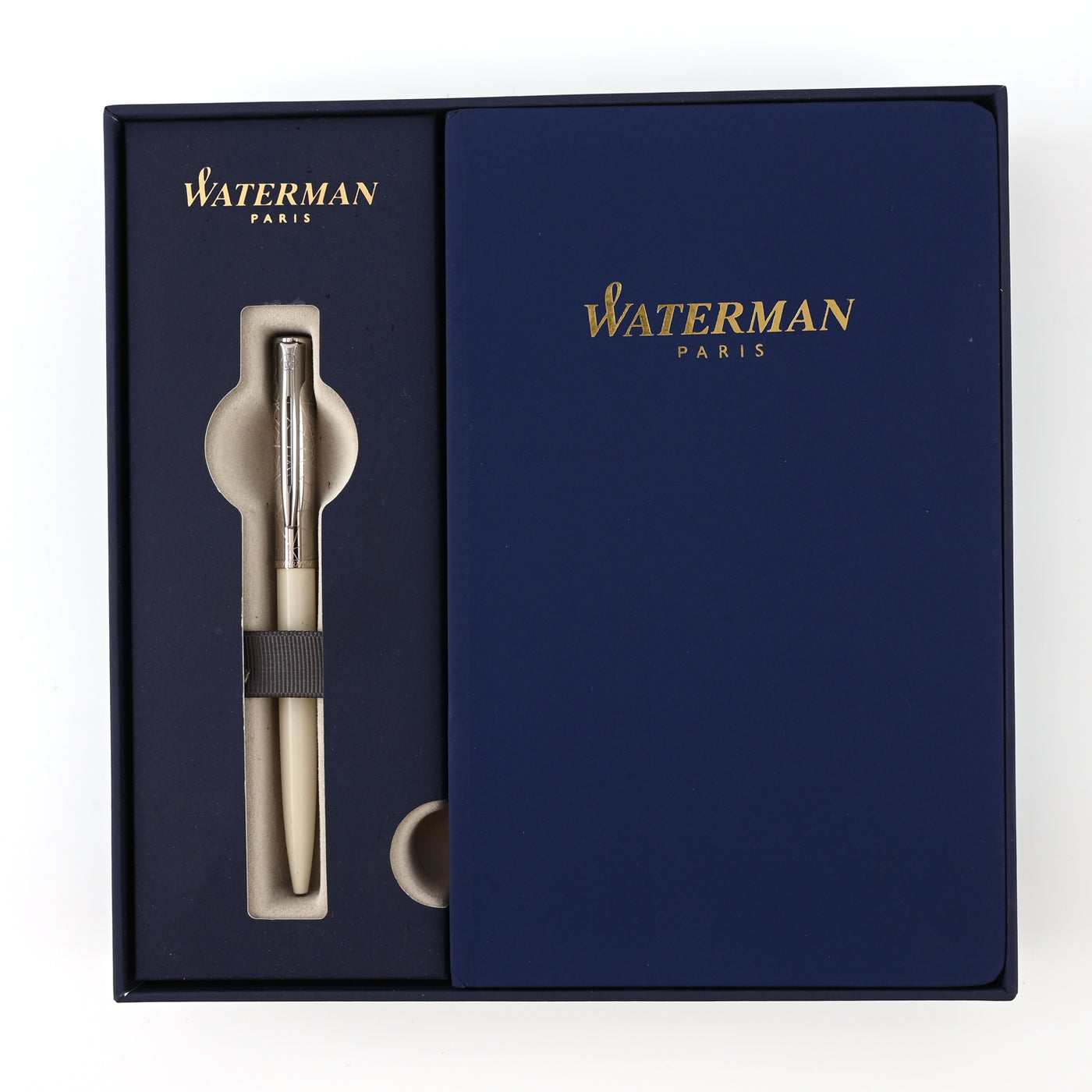 Waterman Gift Set - Allure Deluxe White Ball Pen with Waterman Blue Notebook 1