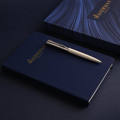Waterman Gift Set - Allure Deluxe White Ball Pen with Waterman Blue Notebook 5