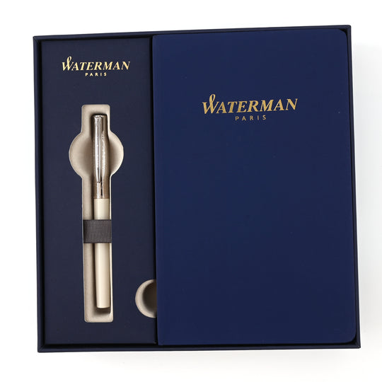 Waterman Gift Set - Allure Deluxe White "Fine" Fountain Pen with Waterman Blue Notebook