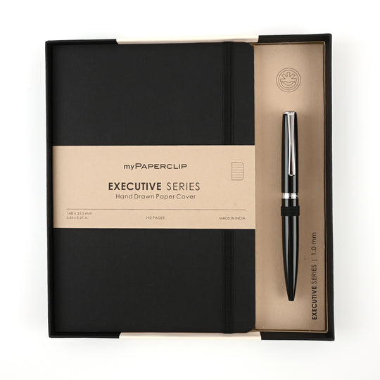 myPAPERCLIP Gift Set - Classic Black Ball Pen with Executive Series Black A5 Notebook