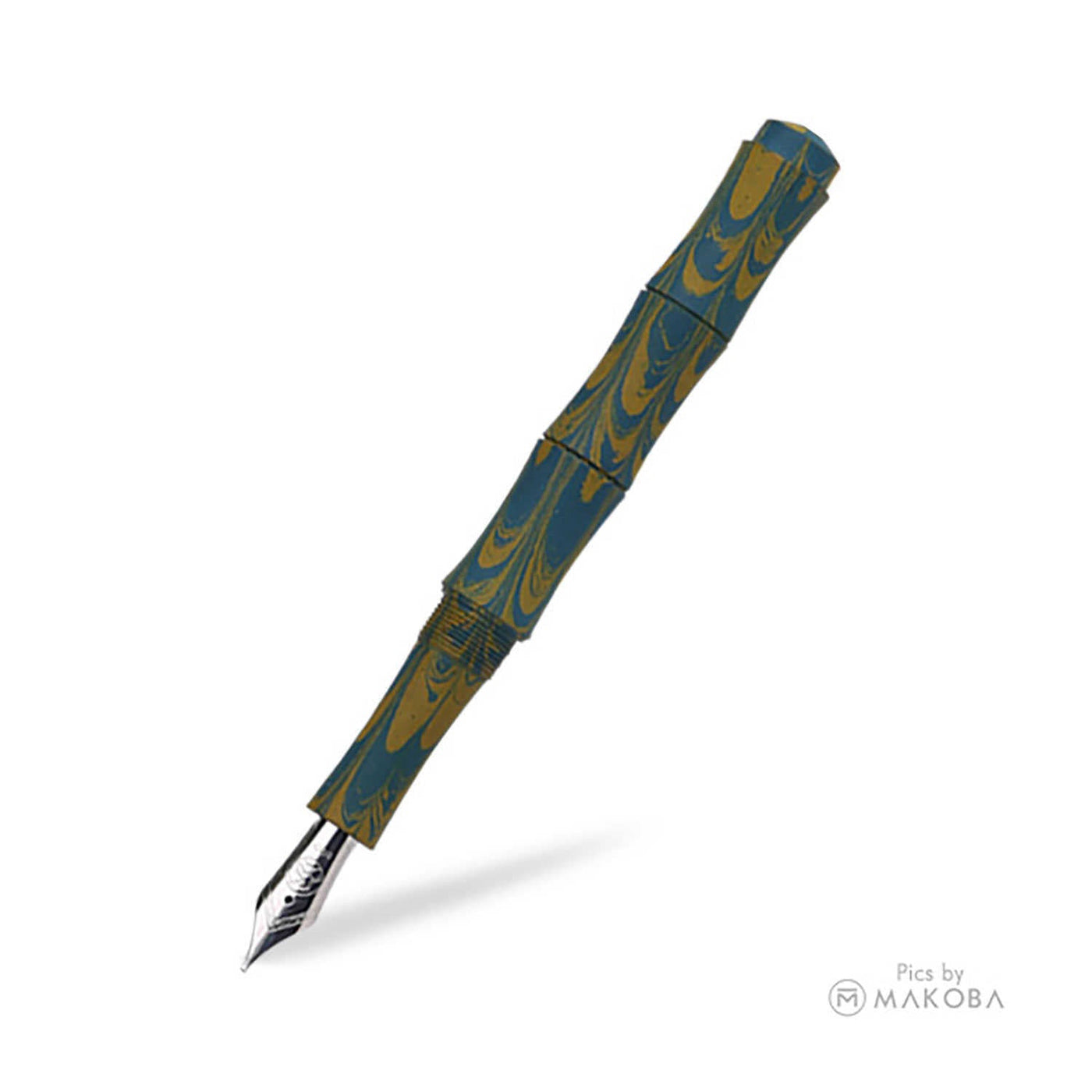 Ranga Thin Bamboo Regular Ebonite Fountain Pen, Matte Blue Yellow Ripple - Steel Nib
