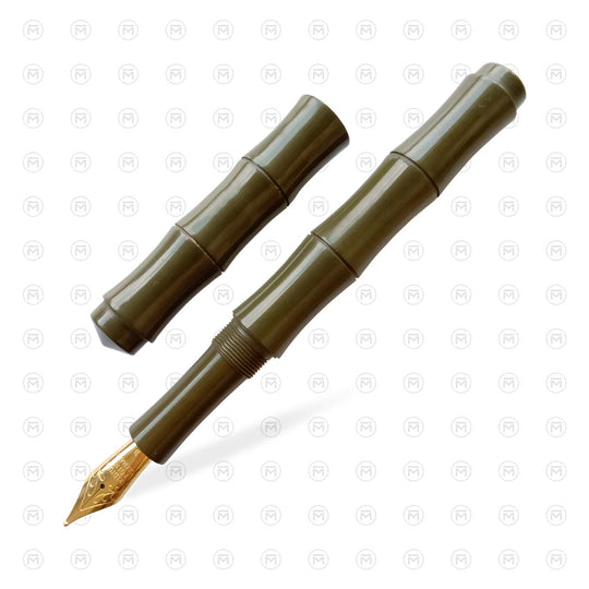 Ranga Thin Bamboo Special Ebonite Fountain Pen, Solid Military Green Black Specs - Steel Nib